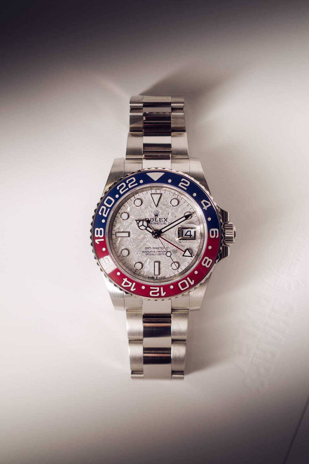 Rolex GMT-Master II Pepsi meteorite dial under studio lighting