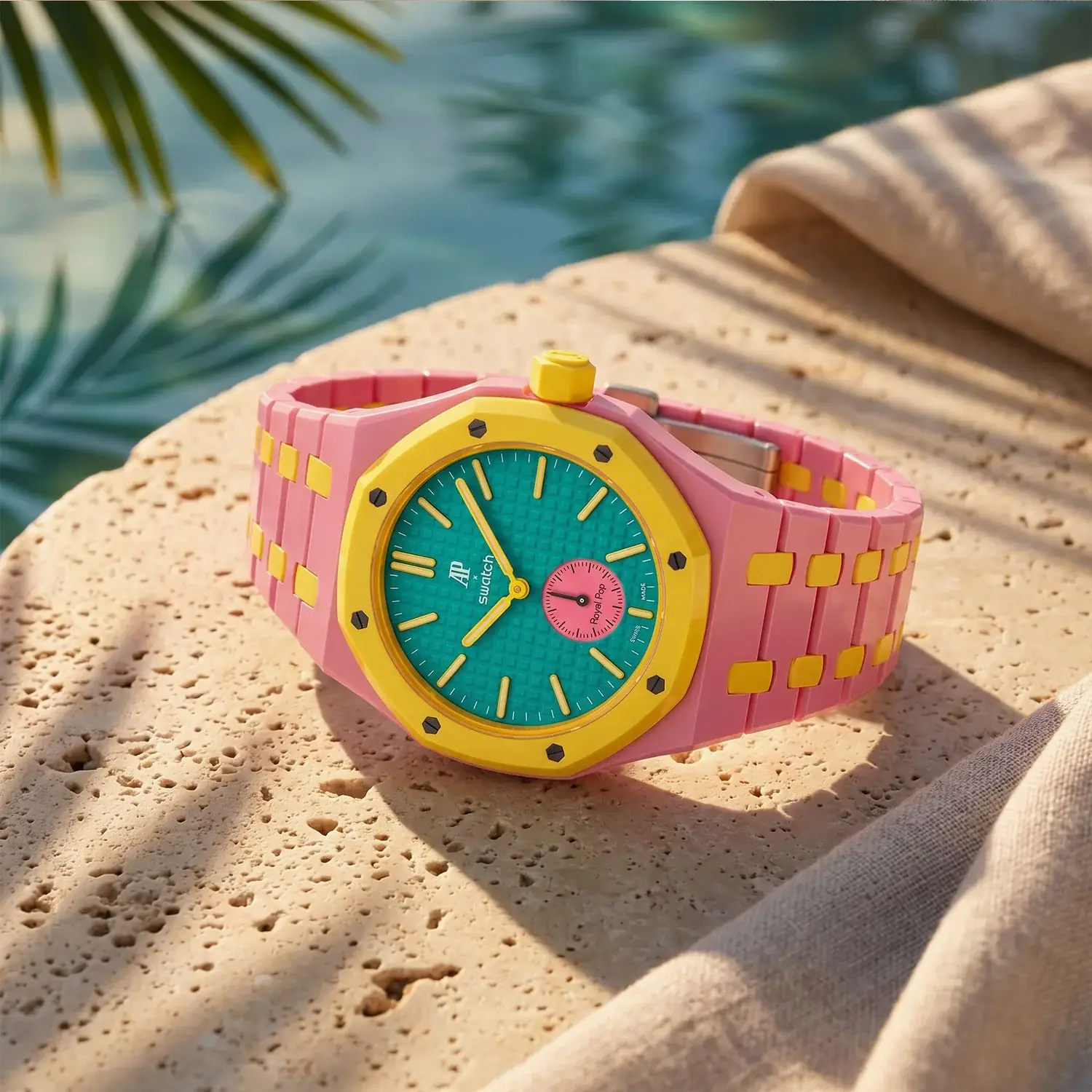 AP x Swatch Royal Pop in pink ceramic with turquoise dial, poolside
