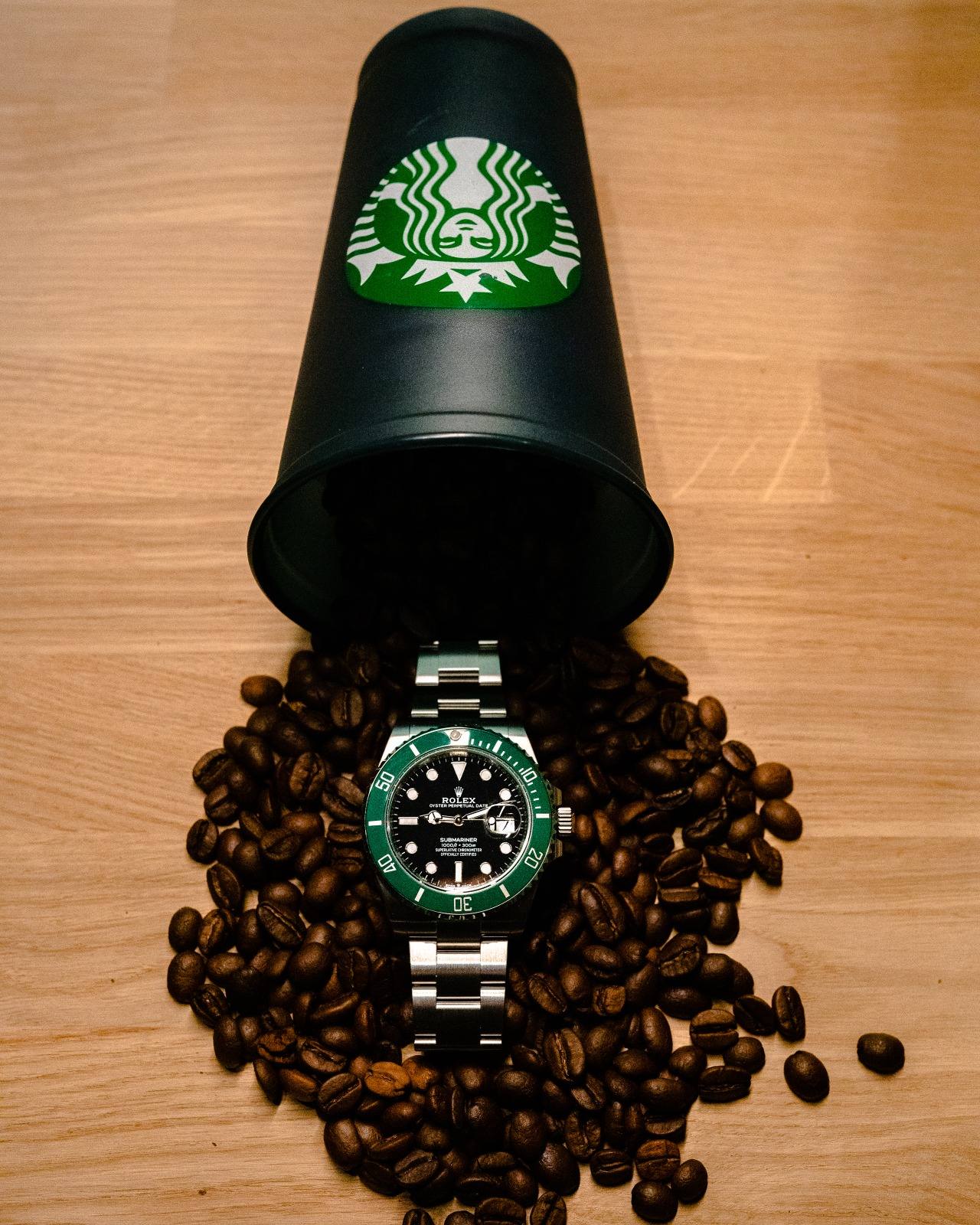 Rolex Submariner 126610LV Starbucks photographed on the bench