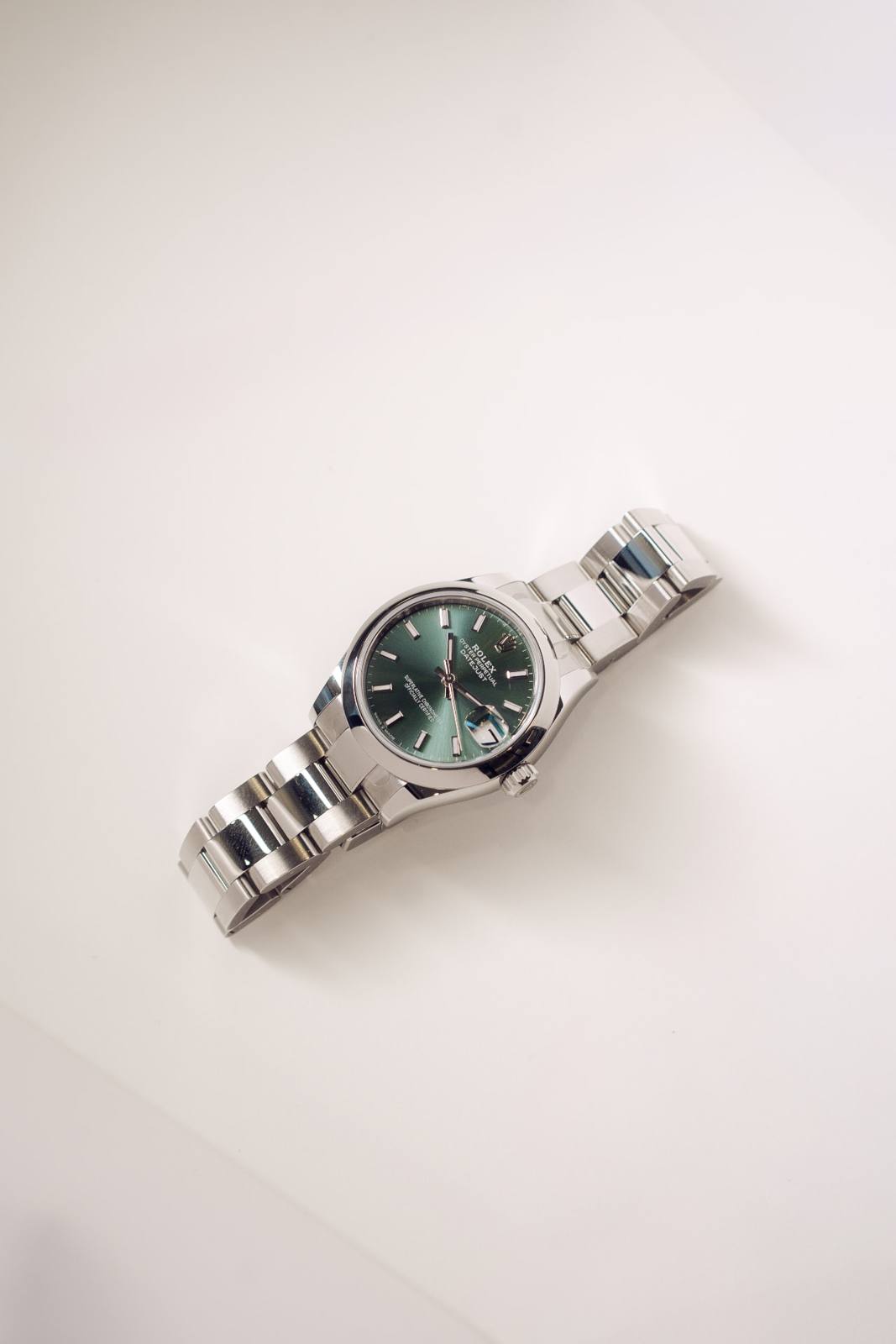 Rolex Datejust 31 in mint green photographed from above