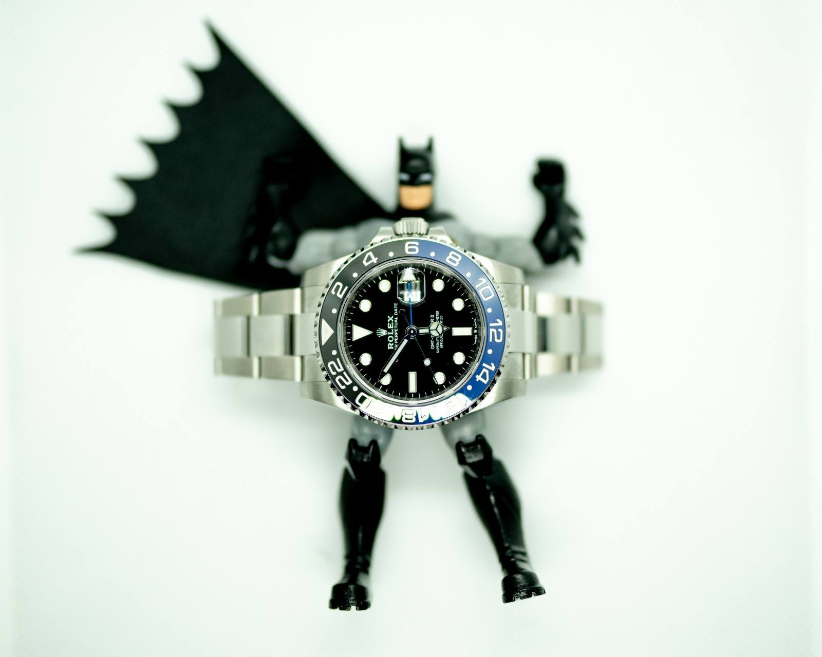 Rolex GMT-Master II Batman with blue and black bezel on a steel Jubilee bracelet